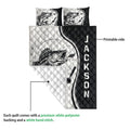 Fishing quilt shown with a close-up of the printed side and quilted white backing