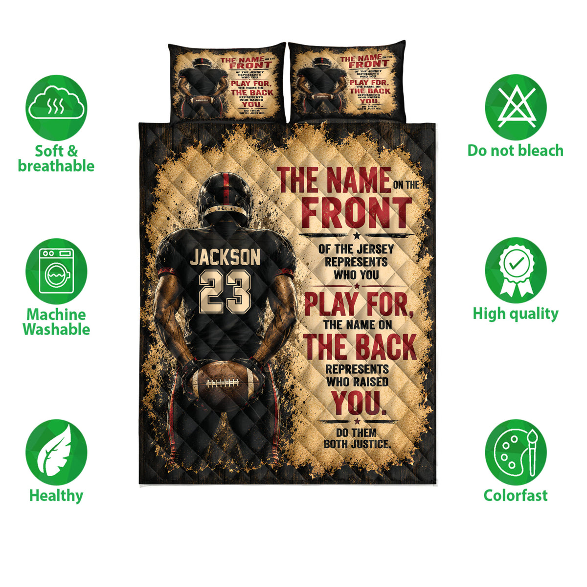 American football quilt bedding set shown front-facing with player artwork and bold sports-inspired colors