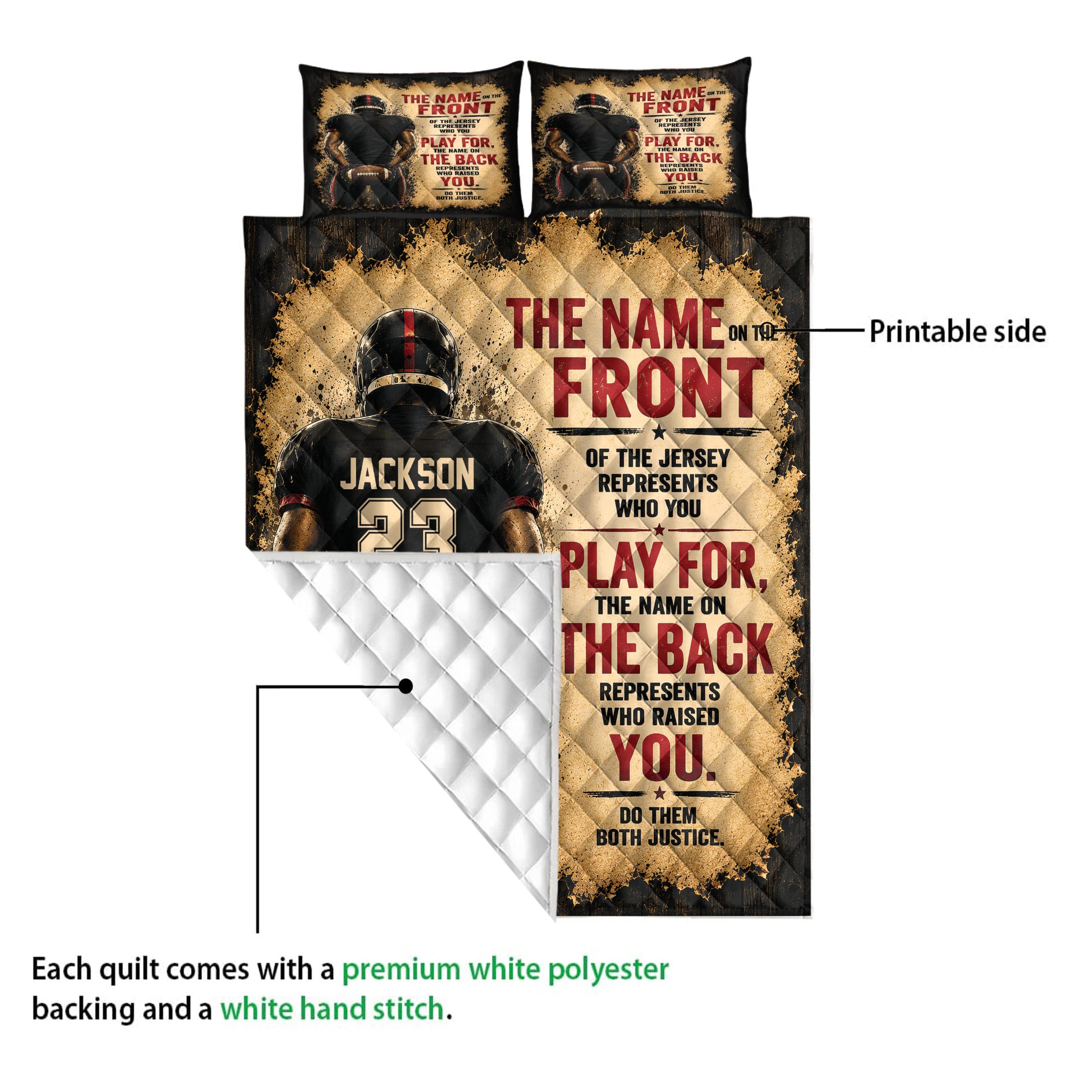 Football quilt blanket detail showing printed front artwork and white quilted reverse backing