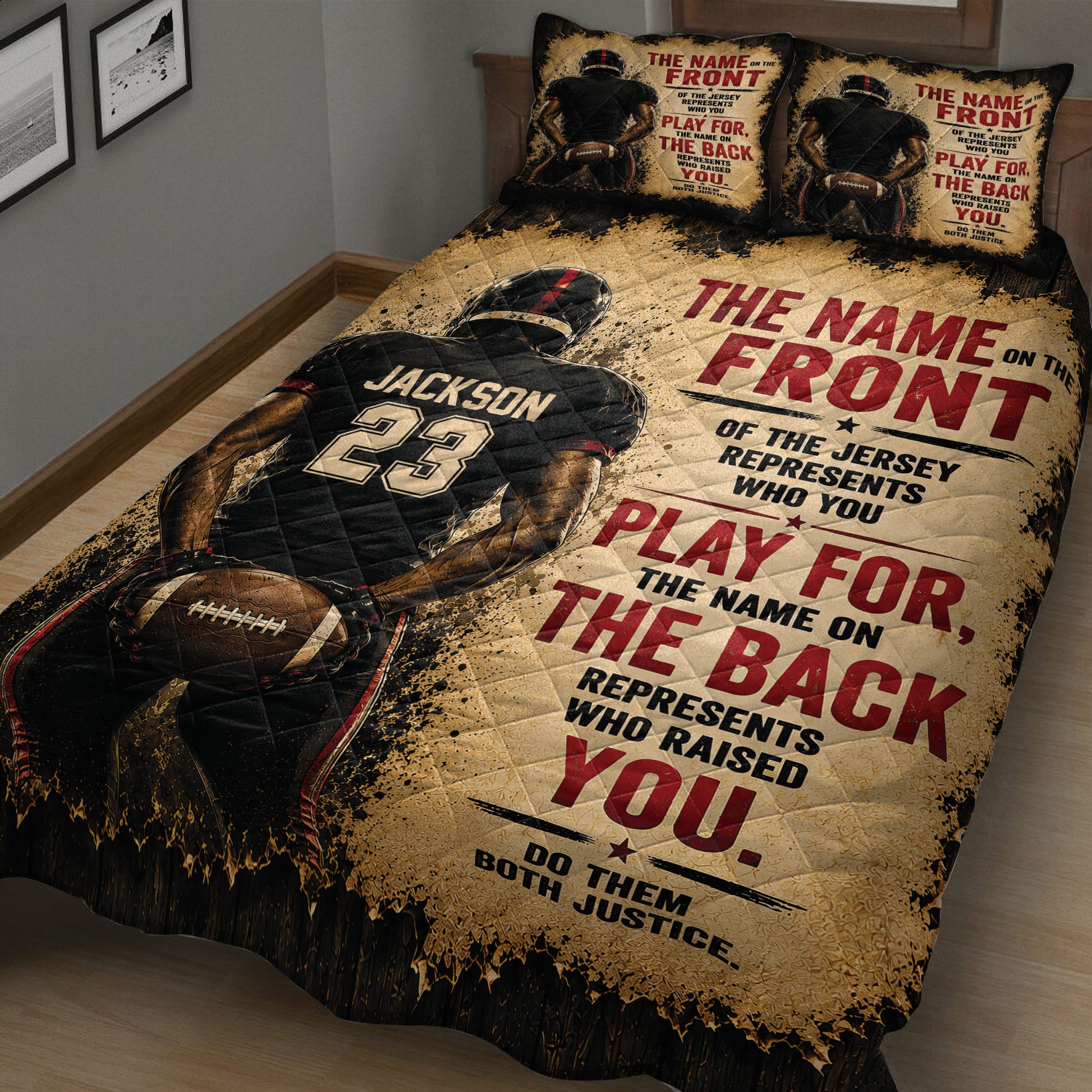 Close view of football quilt blanket featuring a helmeted player, football, and bold motivational sports artwork