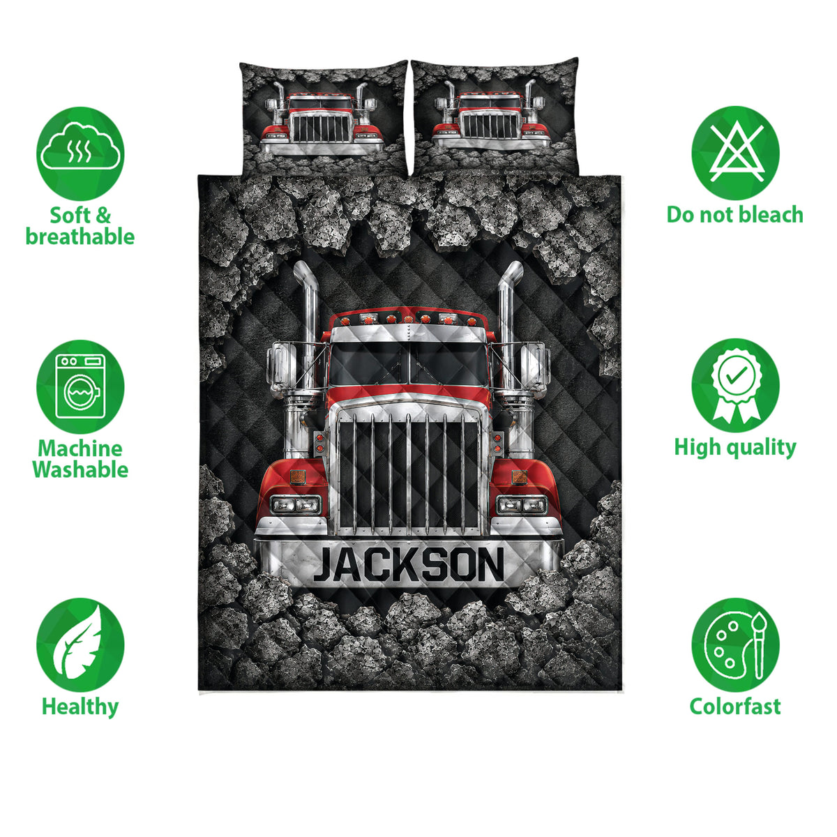 Trucker quilt bedding set displayed flat with red semi truck artwork and matching truck-themed pillowcases