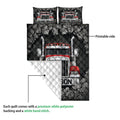Trucker quilt showing the printed semi truck front and contrasting white quilt backing