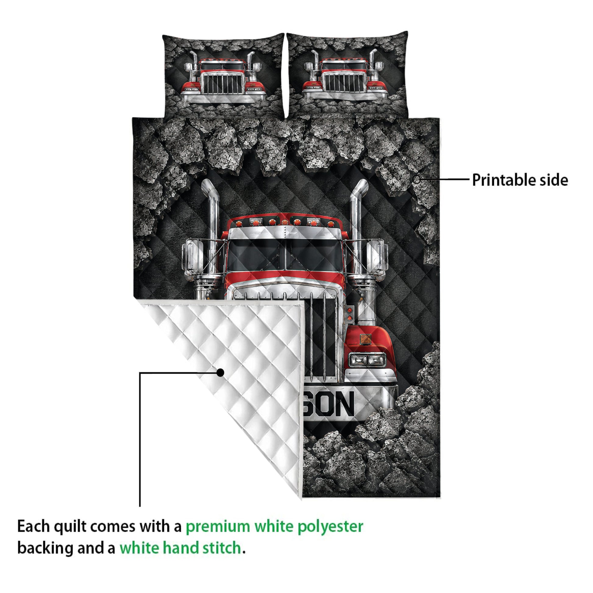 Trucker quilt showing the printed semi truck front and contrasting white quilt backing