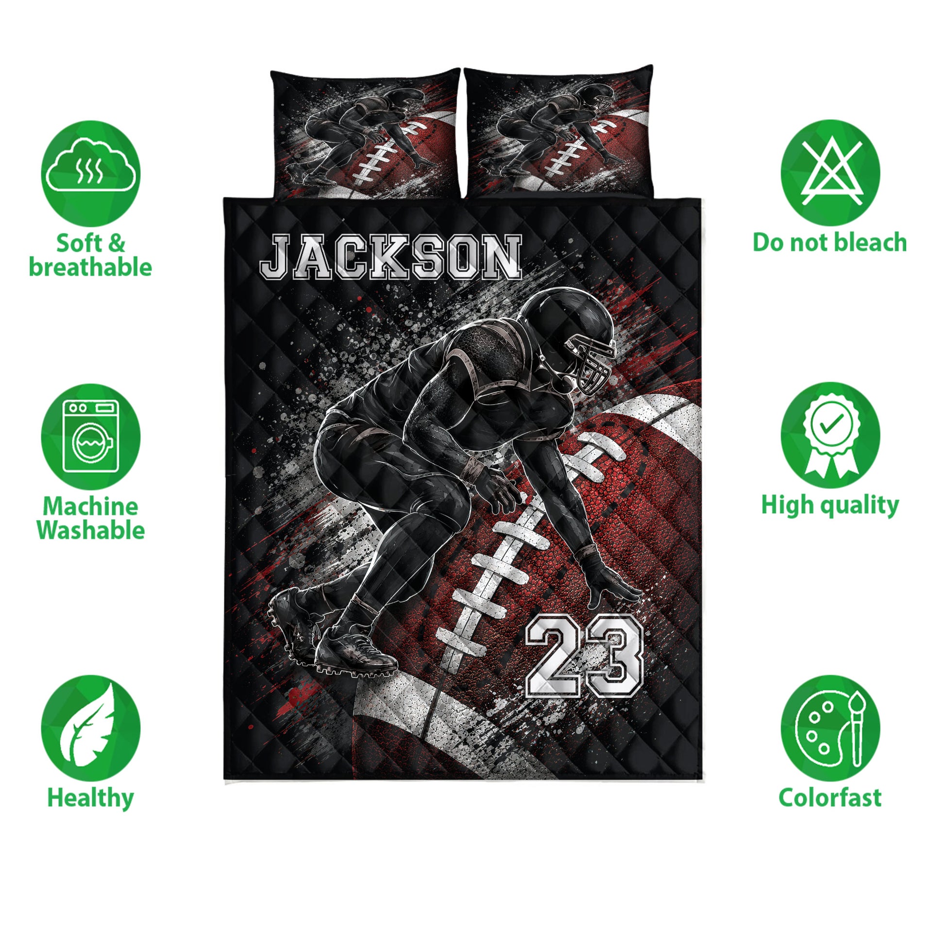 Football quilt bedding set with bold black and red artwork and breathable care feature icons