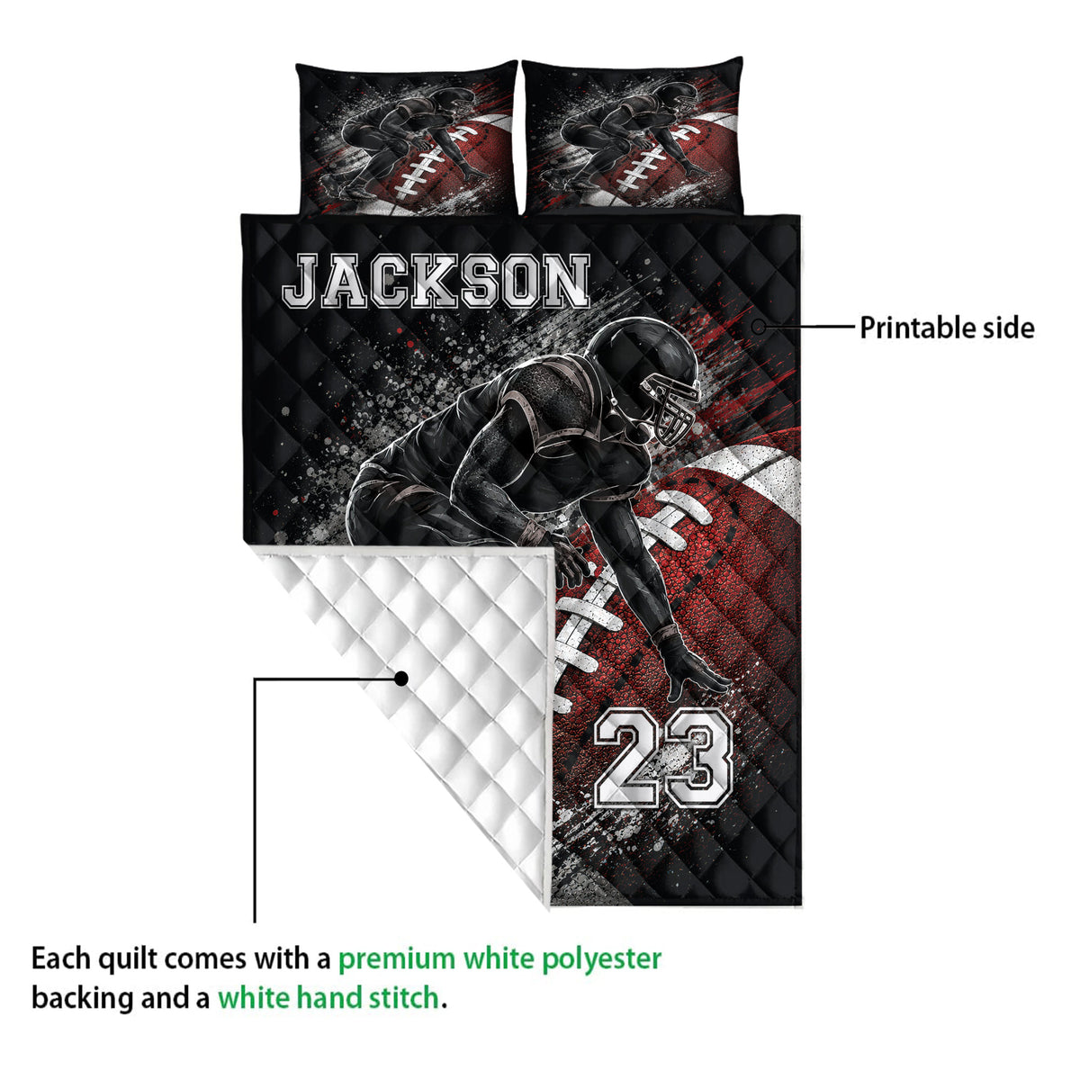 Football quilt showing a printed player design and white quilted backing detail
