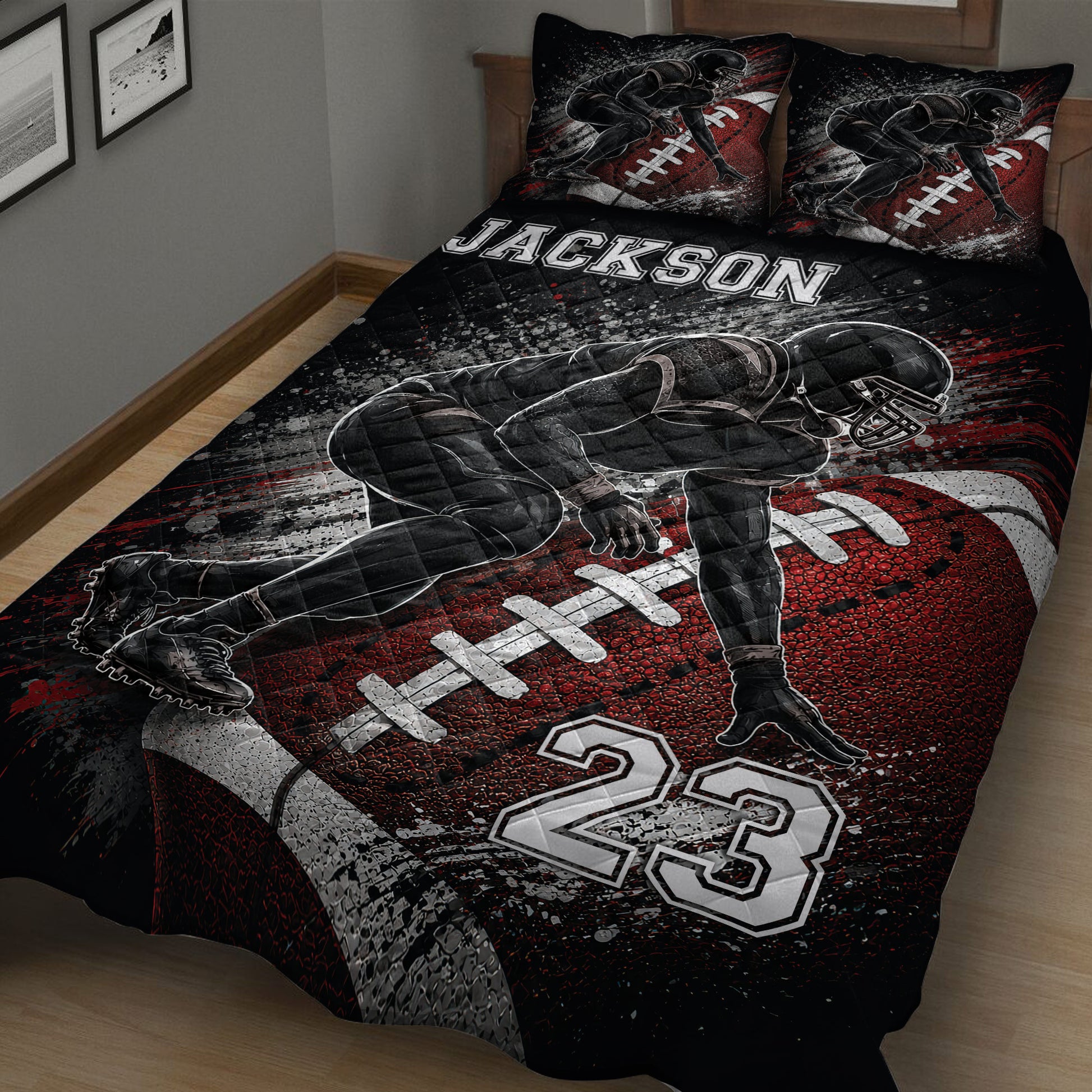 Close bedroom view of a football quilt blanket with player artwork and field markings