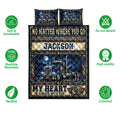 Full view of a blue semi-truck quilt bedding set with moonlit artwork and decorative road-inspired borders