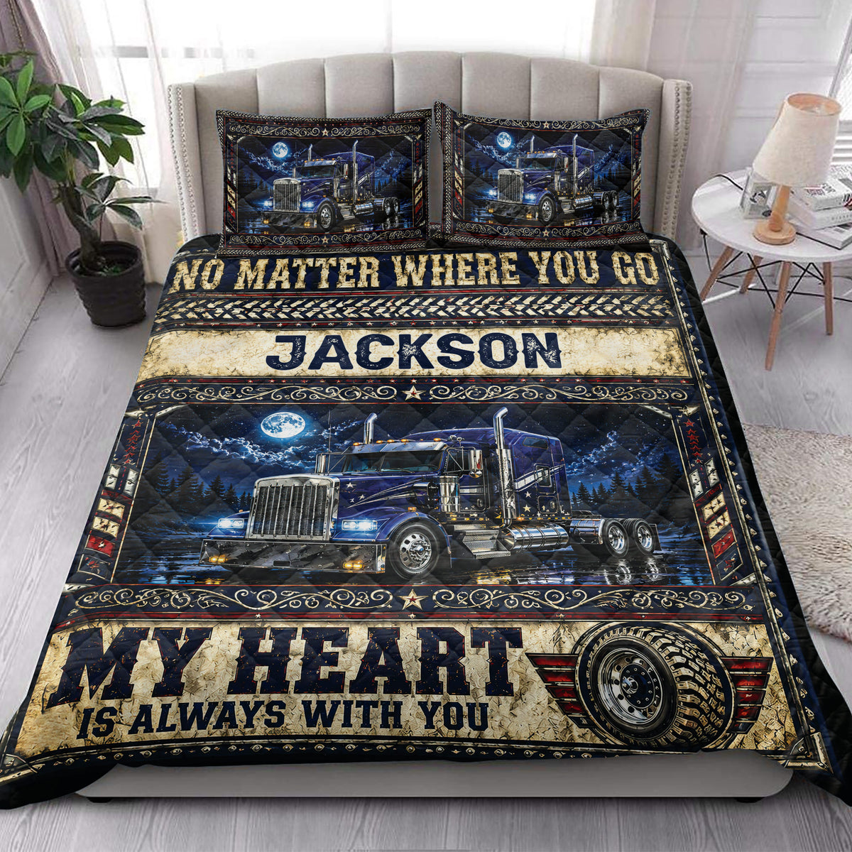 Trucker quilt styled in a bright bedroom with blue big-rig artwork and rustic navy, gold, and red accents