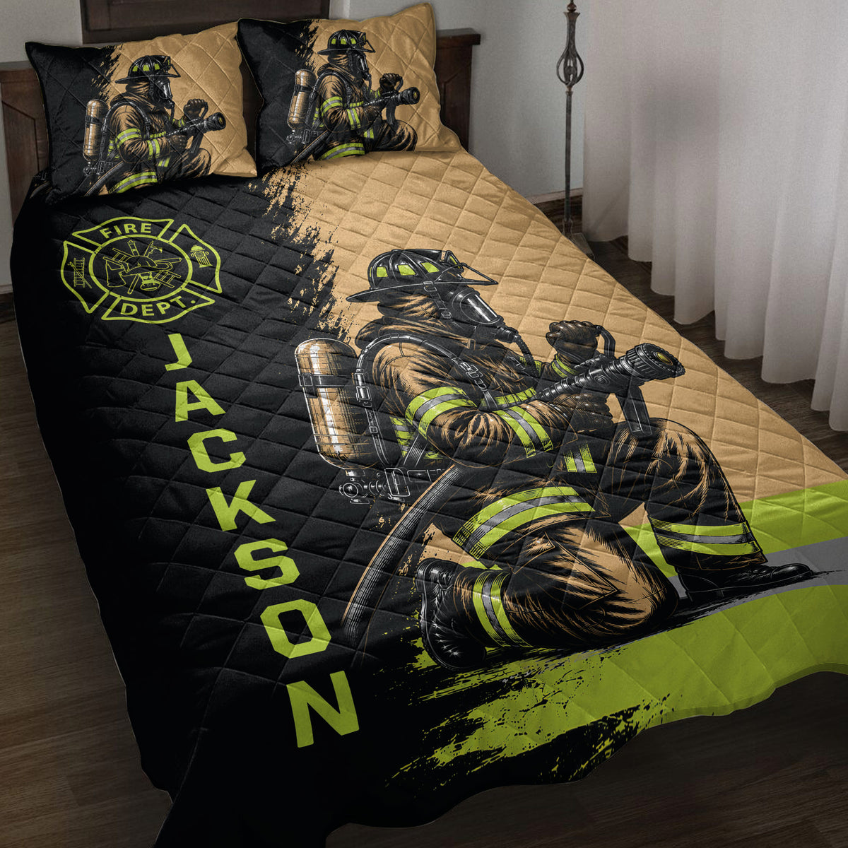 Firefighter quilt blanket bedding set displayed on a bed with black, gold, and neon green rescue artwork