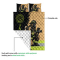 Firefighter quilt showing the printed front and white diamond-stitched reverse
