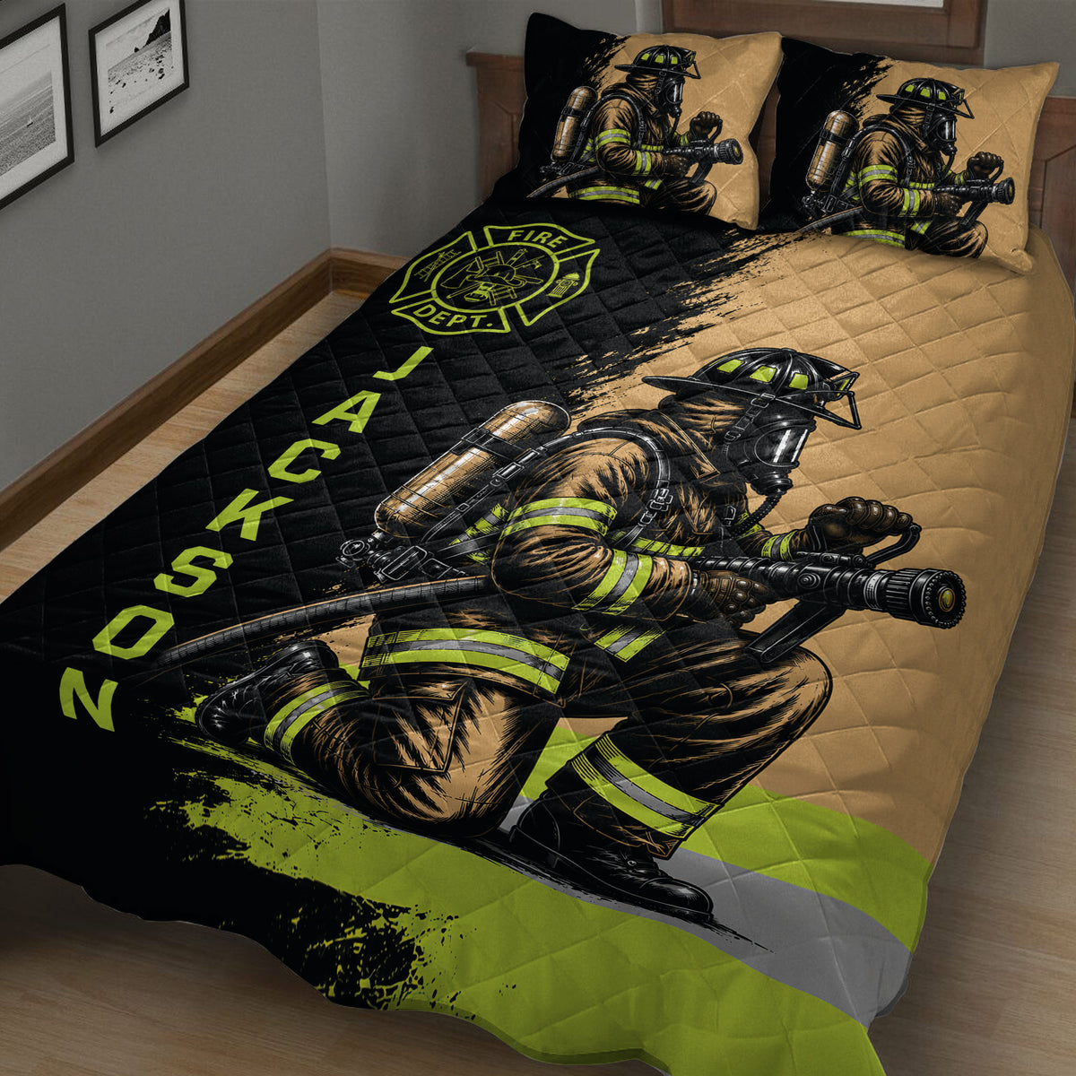 Close bedroom view of a firefighter quilt blanket featuring rescue gear and fire department artwork