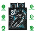 Football quilt bedding set shown with player artwork and surrounding care and quality feature icons