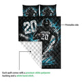 Football quilt with printed player artwork shown alongside its white quilted reverse side