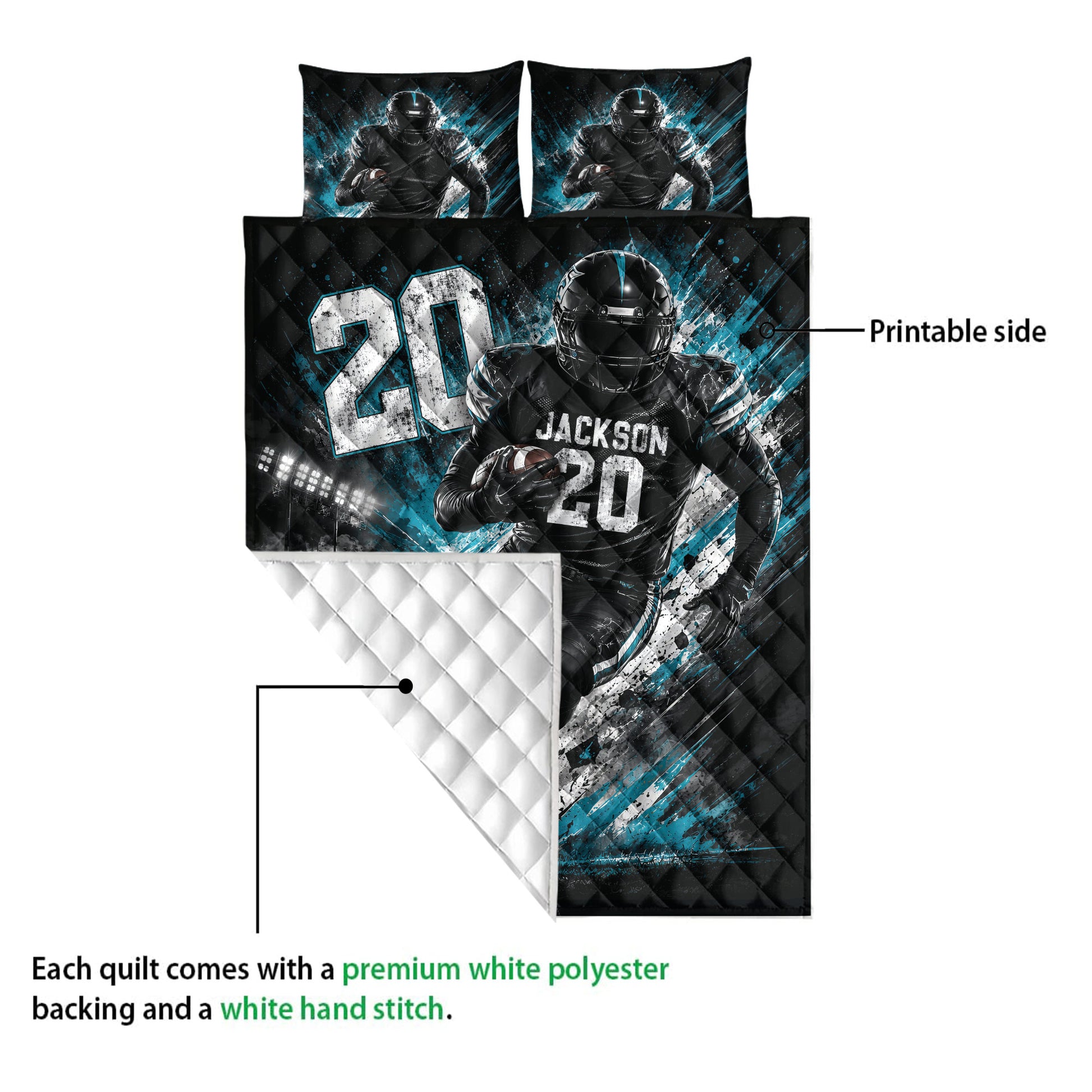 Football quilt with printed player artwork shown alongside its white quilted reverse side