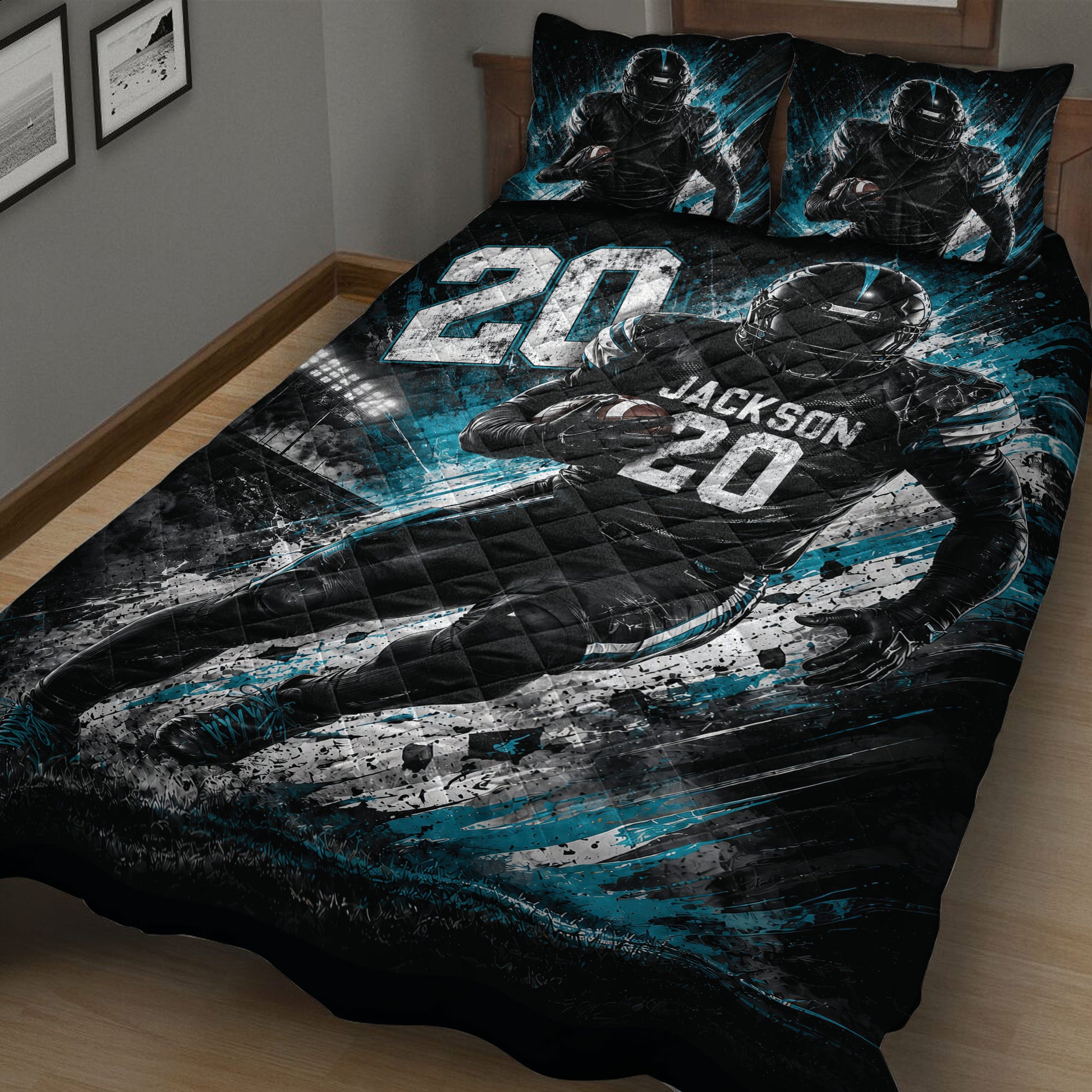 Close bedroom view of a football quilt blanket featuring a running player and dramatic stadium artwork