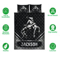 Wrestling quilt bedding set shown with black-and-white grappling artwork and product feature icons