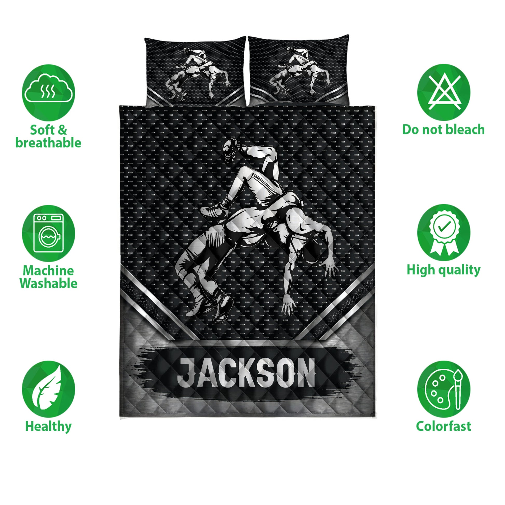 Wrestling quilt bedding set shown with black-and-white grappling artwork and product feature icons