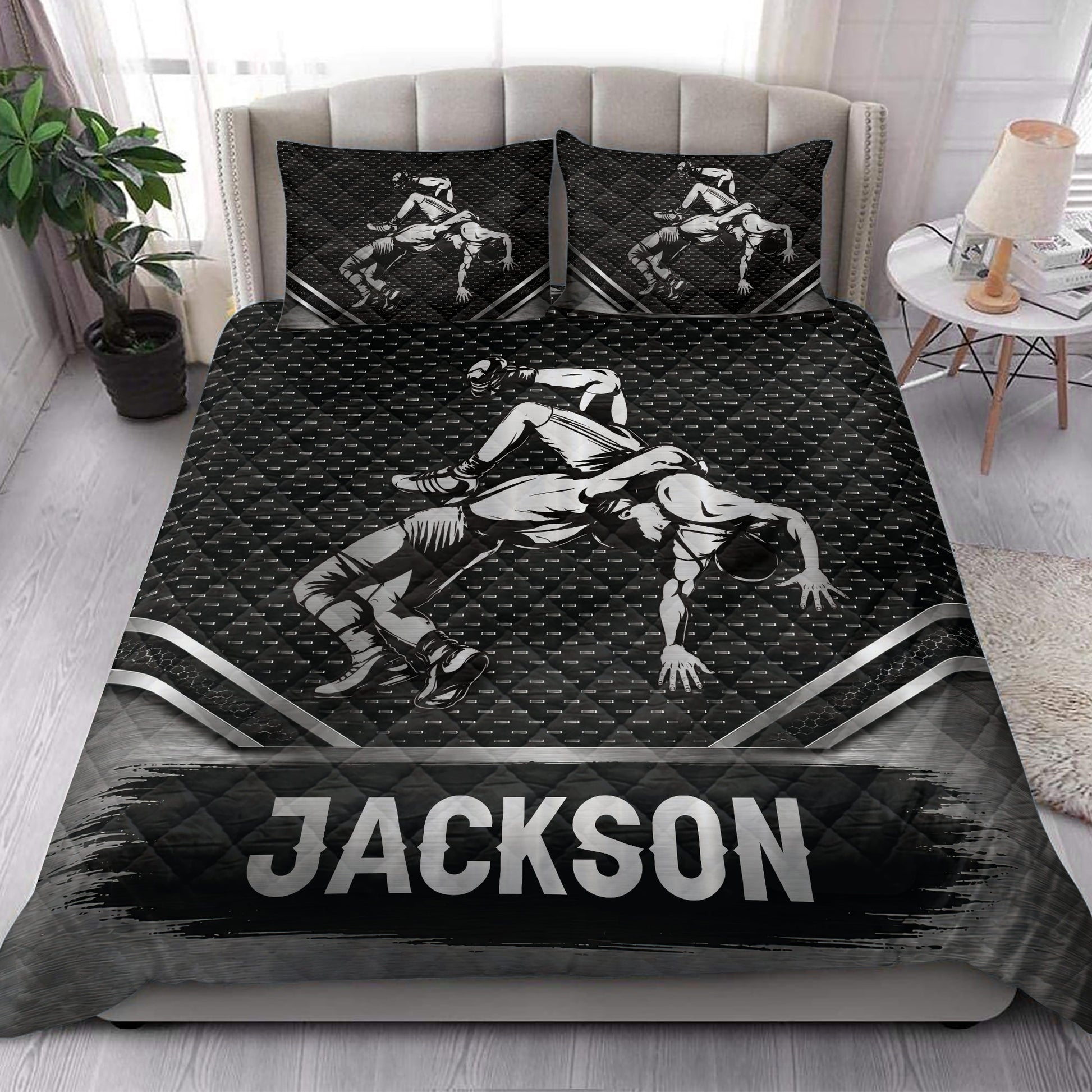 Wrestling quilt bedding set styled in a bright bedroom with bold black-and-white athlete artwork