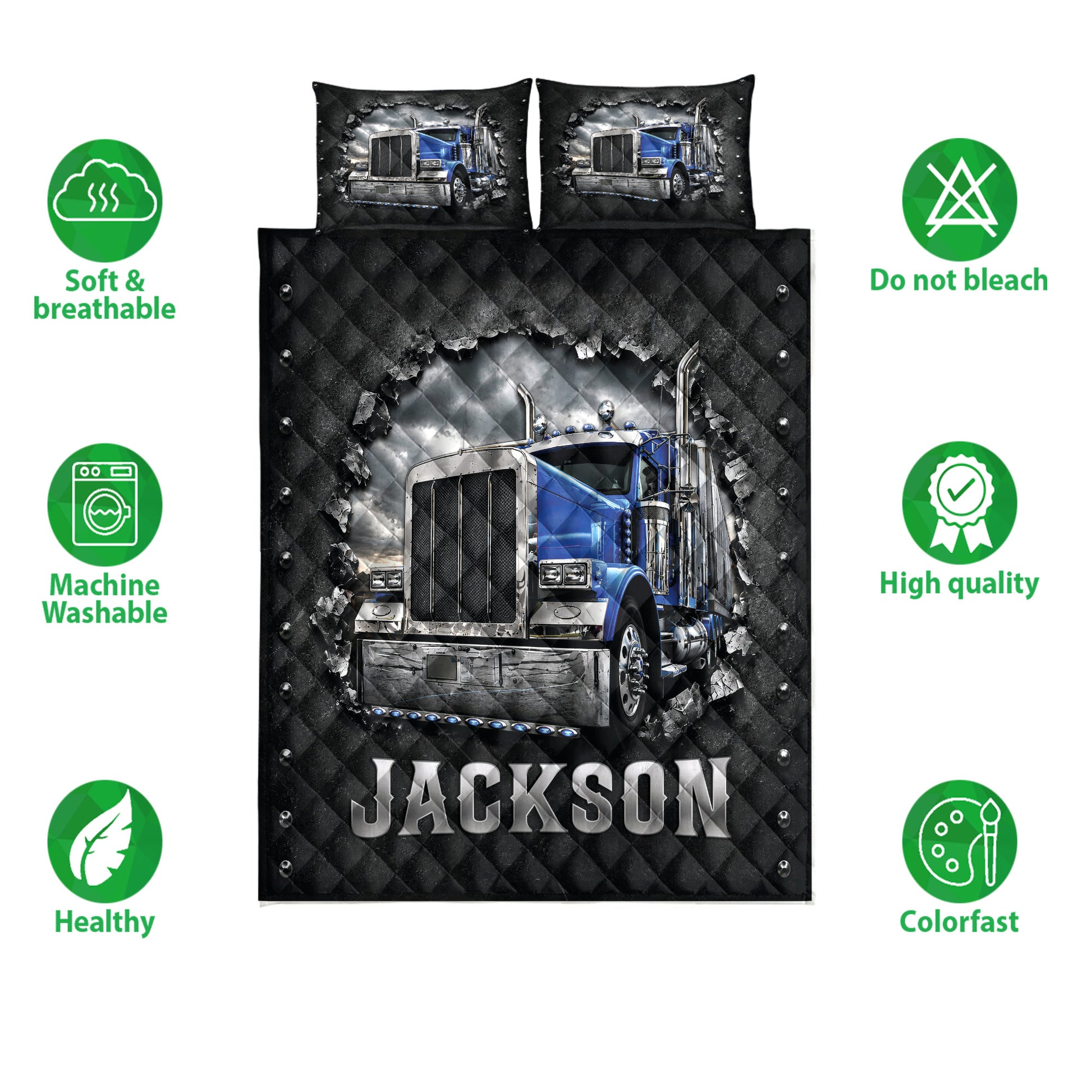 Trucker quilt blanket set with blue semi truck artwork shown with breathable, washable, and colorfast feature icons