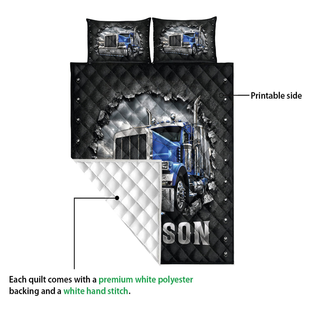 Trucker quilt blanket showing the printed front, white quilted backing, and blue semi truck artwork
