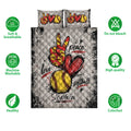 Softball quilt bedding set shown front-facing with colorful softball artwork and soft breathable product icons
