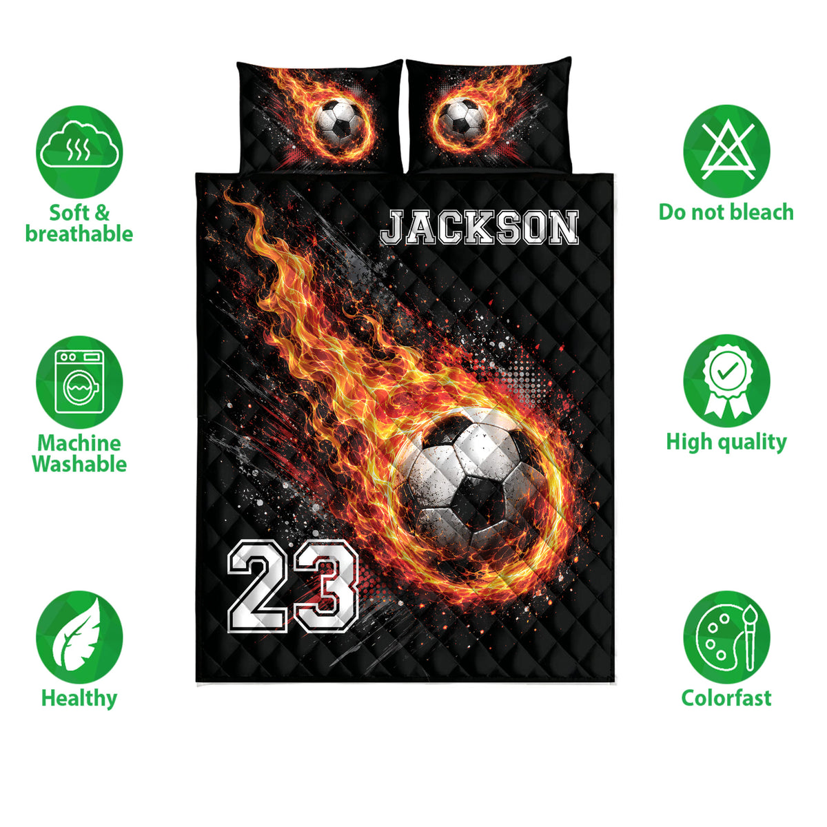 Soccer quilt bedding set displayed with flaming ball artwork and product feature icons