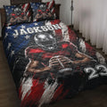 Football quilt bedding set displayed on a bed with patriotic red, white, and blue artwork