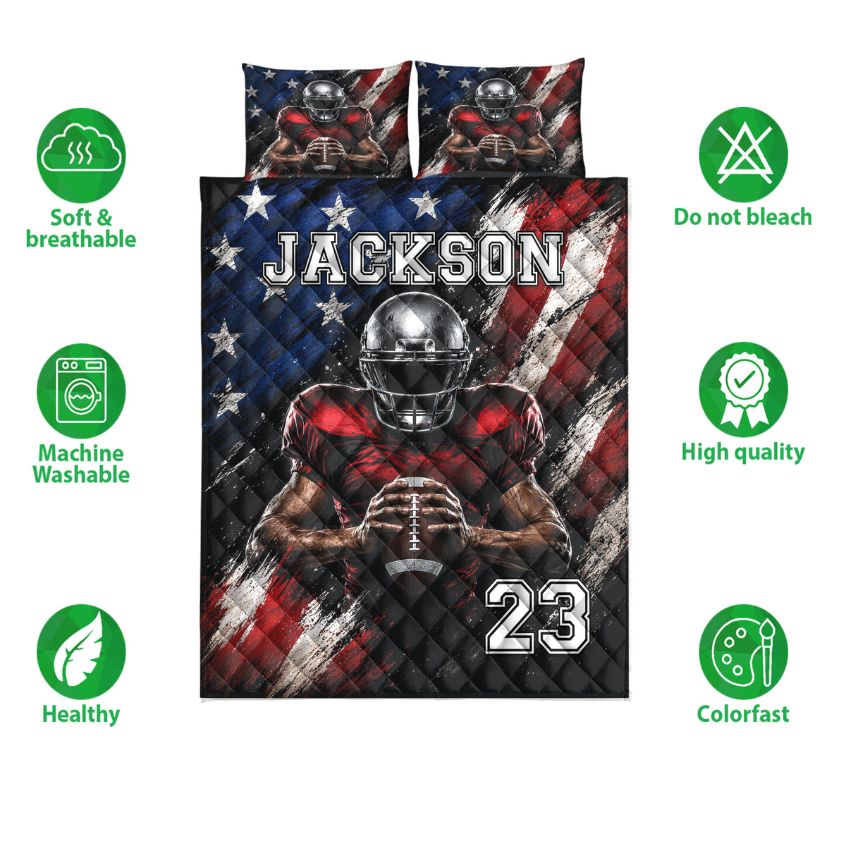 Football quilt bedding set with player artwork, patriotic background, and product feature icons