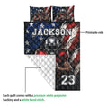 Football quilt showing the printed front and white quilted backing in a detail presentation