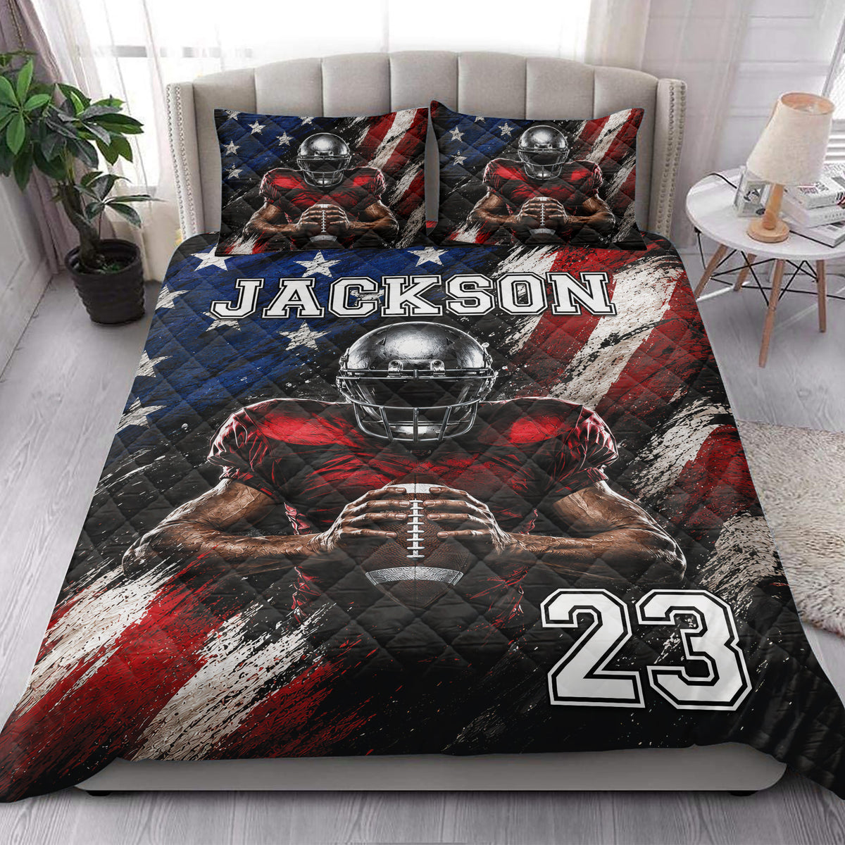 Football quilt bedding set styled on a bedroom bed with red, blue, and white player artwork