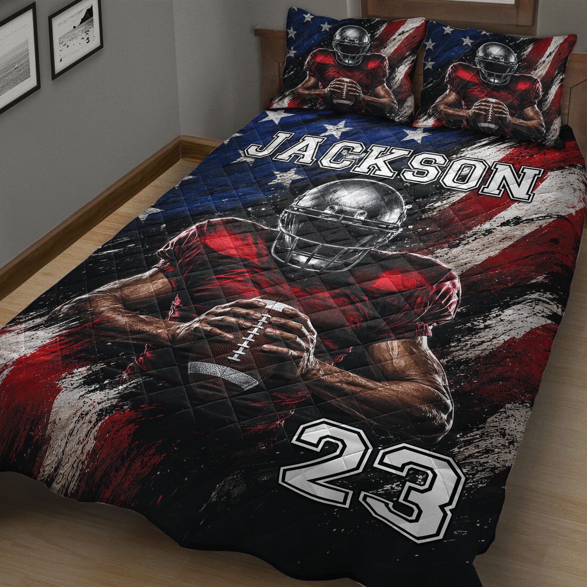 Close bedroom view of a football quilt with helmeted player artwork and bold patriotic colors