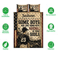 Baseball quilt bedding set shown front-facing with ballplayer artwork, star borders, and product feature icons