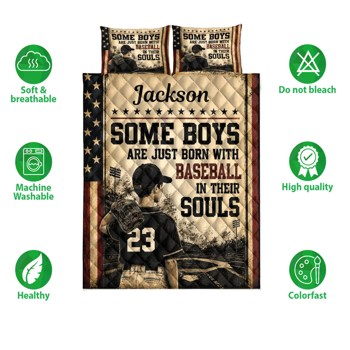 Baseball quilt bedding set shown front-facing with ballplayer artwork, star borders, and product feature icons