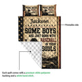 Baseball quilt showing the printed front design, diamond stitching, and white reverse side