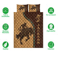Rodeo quilt bedding set product view with cowboy artwork and soft, breathable care feature icons