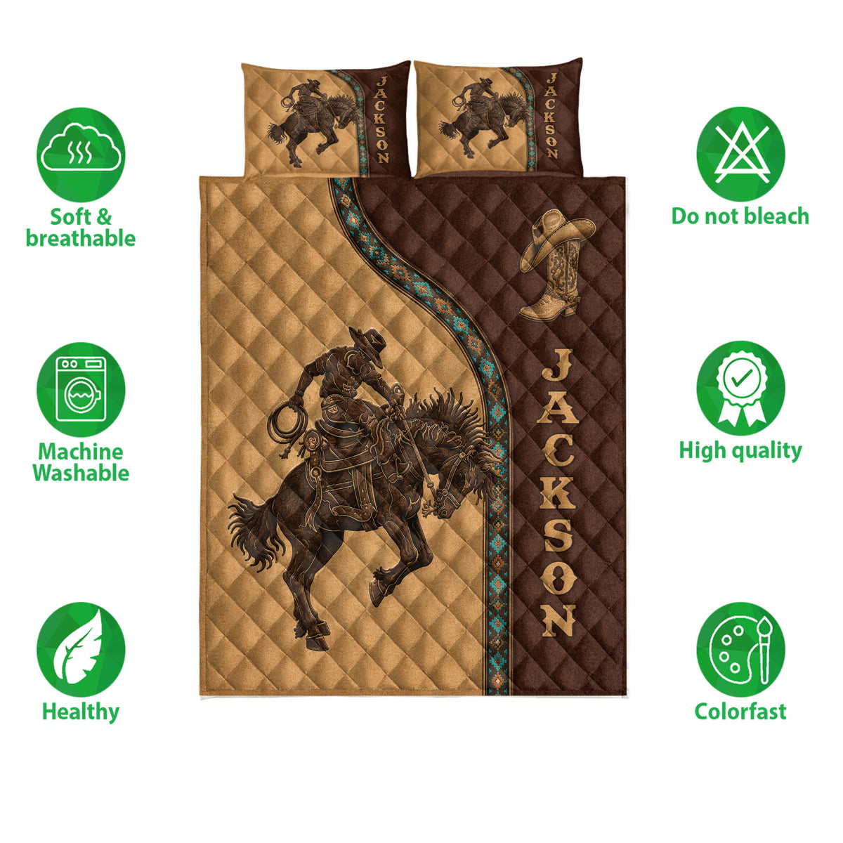Rodeo quilt bedding set product view with cowboy artwork and soft, breathable care feature icons