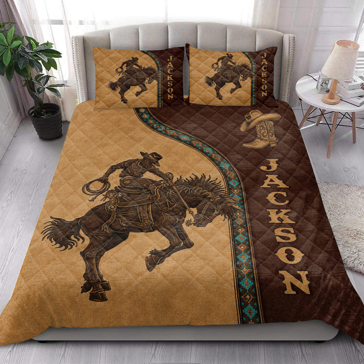 Rodeo quilt blanket styled in a bright bedroom with cowboy and horse artwork in tan and brown tones