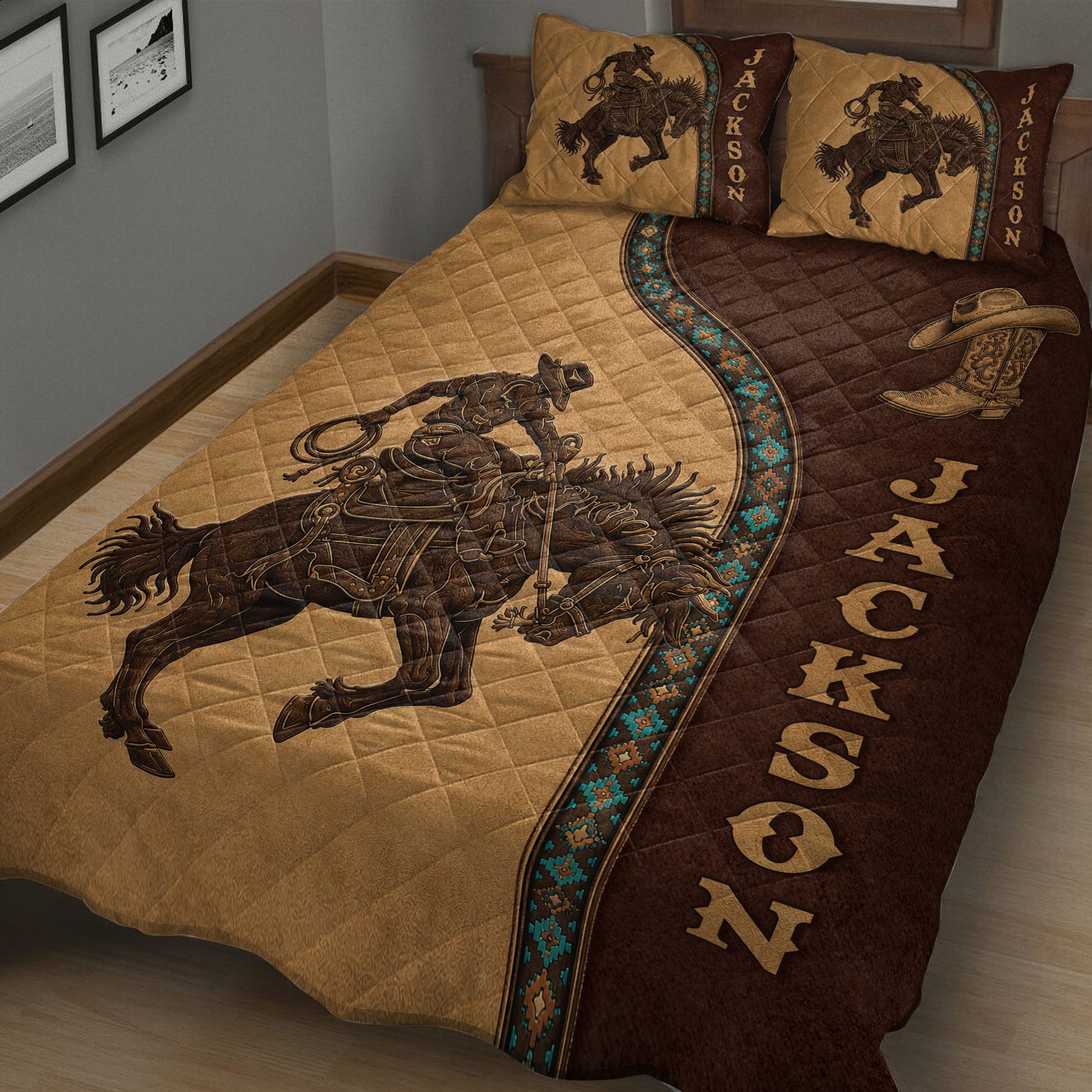 Close view of rodeo quilt bedding with mounted cowboy, horse, lasso, Western boot, and turquoise border