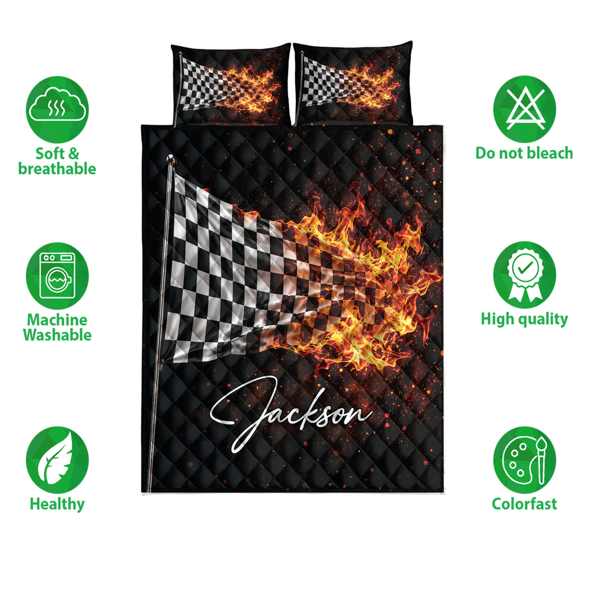 Racing quilt blanket and pillowcases shown with breathable, washable, and colorfast feature icons