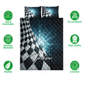 Racing quilt bedding set shown with checkered flag design, dark blue artwork, and bedroom-ready presentation