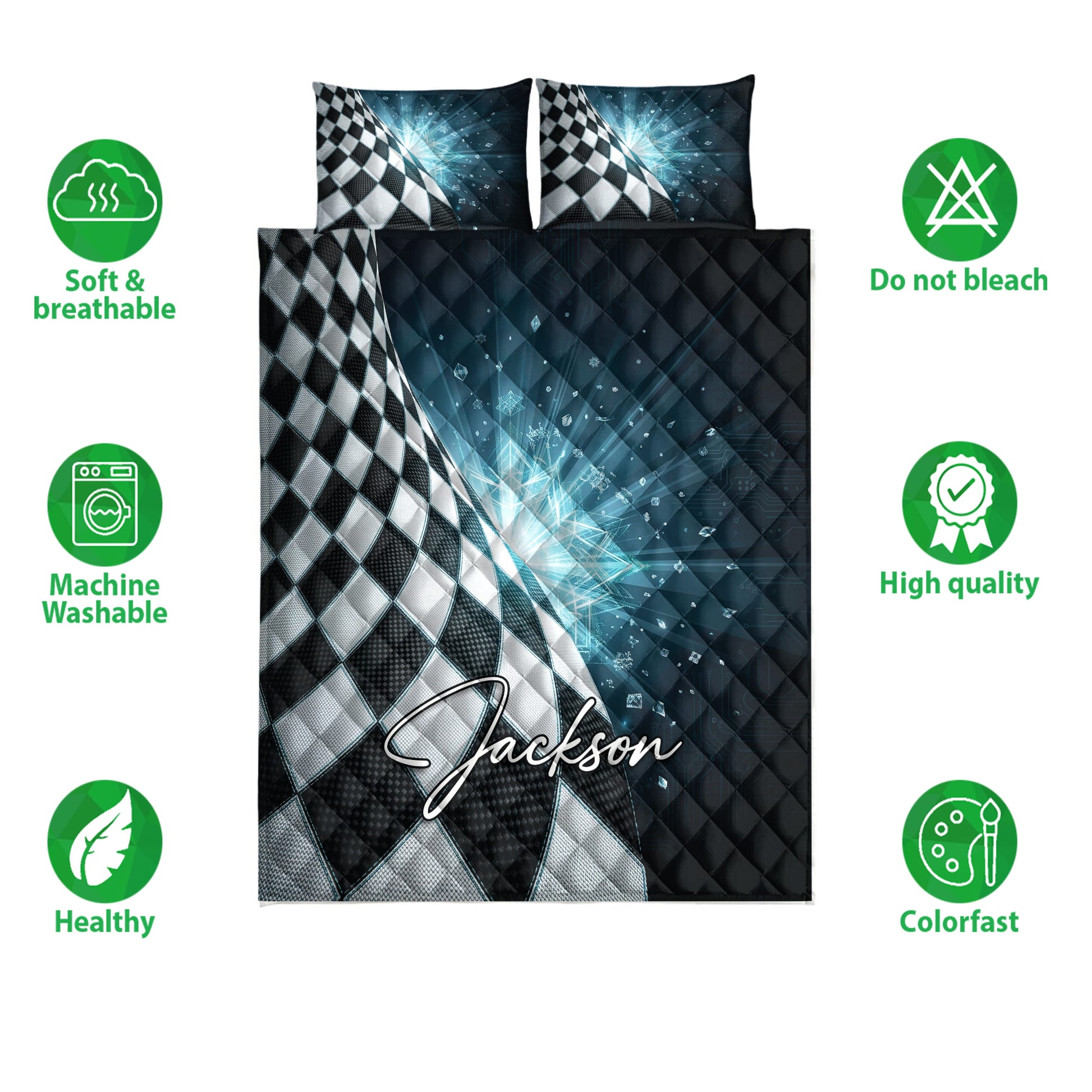 Racing quilt bedding set shown with checkered flag design, dark blue artwork, and bedroom-ready presentation