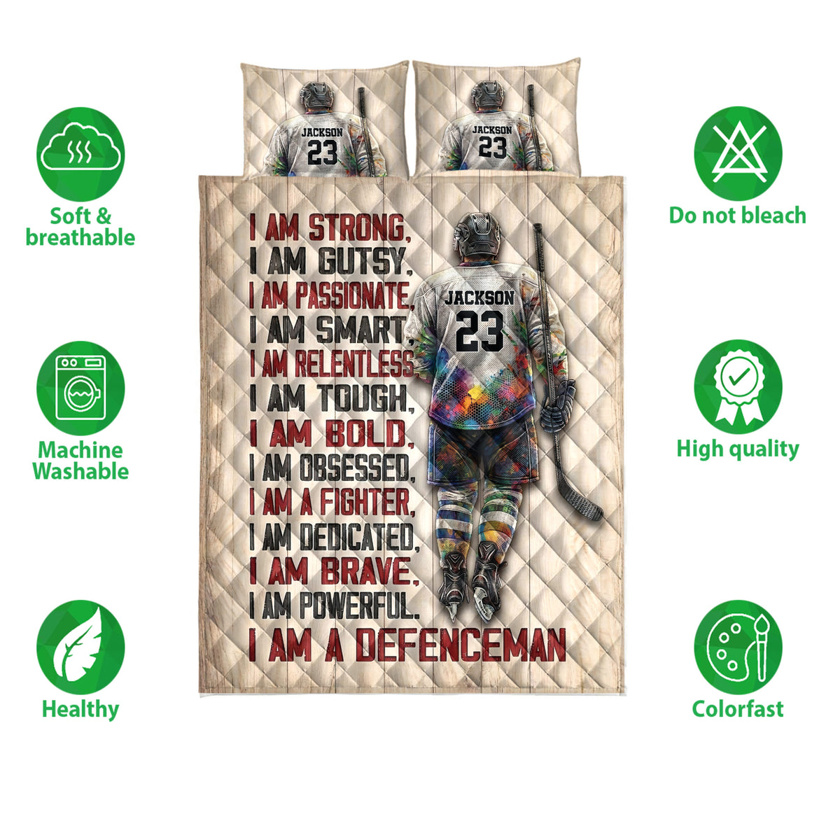 Hockey quilt blanket shown with player artwork, soft breathable design icons, and bold red and black typography