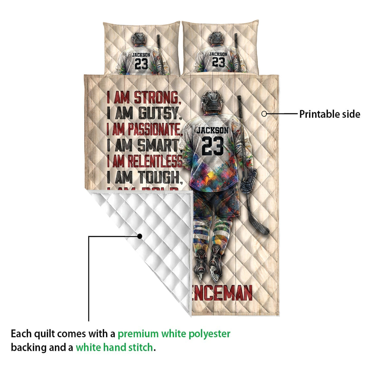 Hockey quilt showing the printed front design, hockey player artwork, and white quilted reverse side