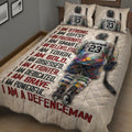 Hockey quilt blanket displayed across a bedroom with colorful player artwork, sticks, and sports-inspired typography