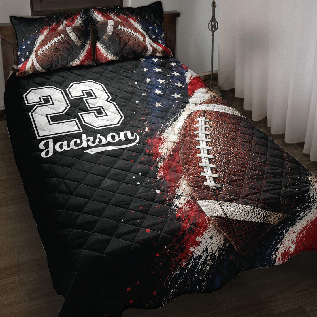 Football quilt blanket on a bed with bold red, white, and blue artwork and a customizable sports jersey design