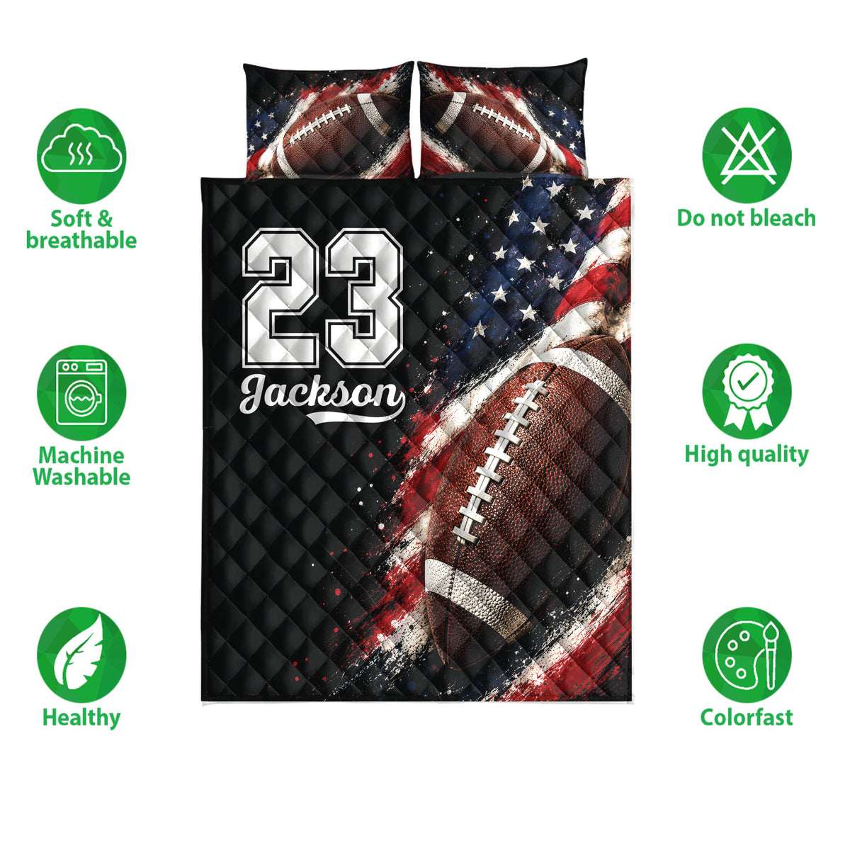 Football quilt bedding set displayed with matching football pillow designs and product feature icons