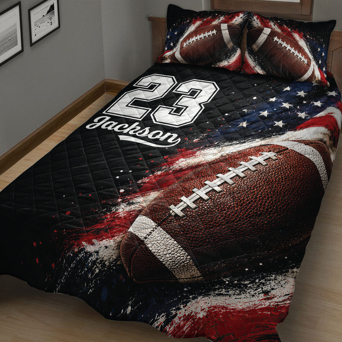 Angled bedroom view of a football quilt blanket with large football artwork and a bold sports-themed design