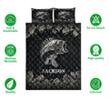 Fishing quilt bedding set with silver bass artwork, black background, and rocky border design