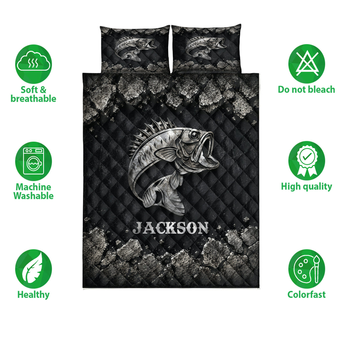 Fishing quilt bedding set with silver bass artwork, black background, and rocky border design