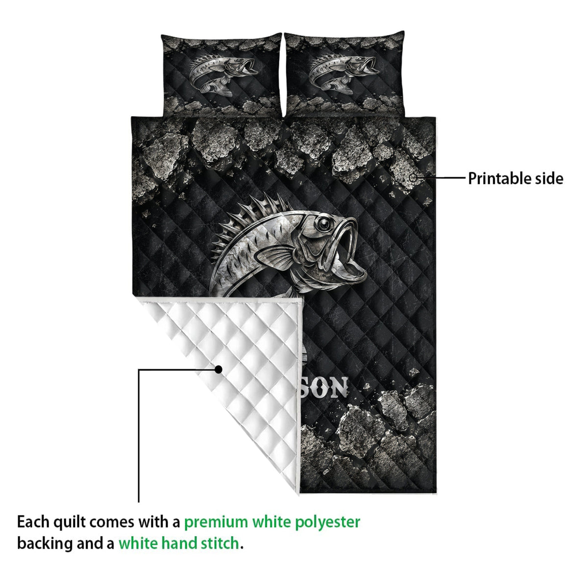 Bass fishing quilt showing the printed front and white quilted backing in a product detail view